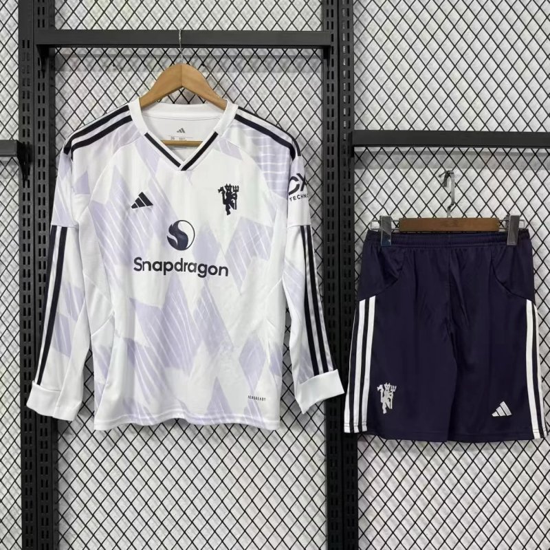 Kids-Manchester Utd 25/26 Away White Soccer Long Jersey
